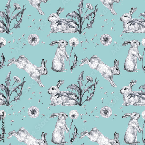 Bunnies and dandelion on a light blue background. Seamless pattern design for wallpaper, textile, paper, fabrics, textile for children, packaging.