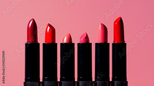 set of six multi-colored lipsticks or lip glosses. set of makeup artist,