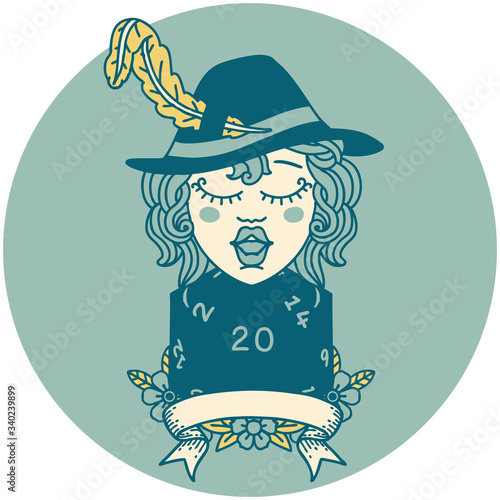human bard character with natural 20 dice roll illustration