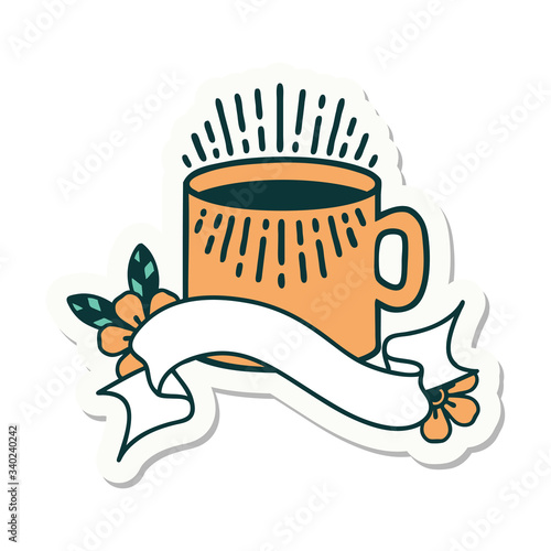 tattoo sticker with banner of cup of coffee