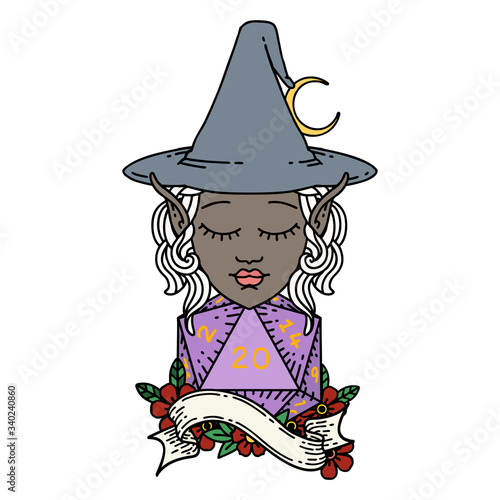 elf mage character with natural twenty dice roll illustration