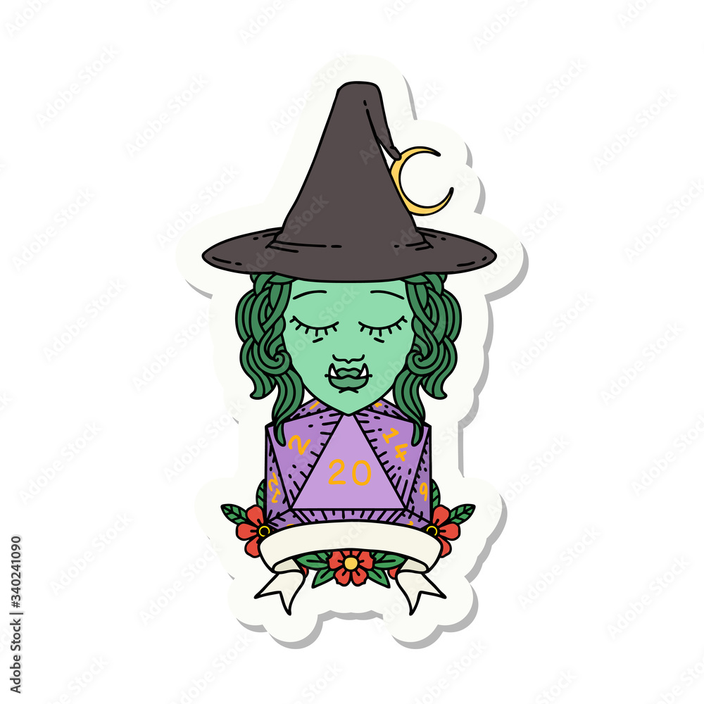 half orc witch character with natural 20 dice roll sticker