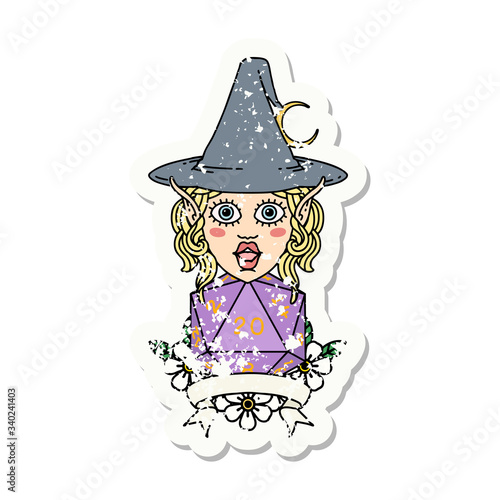elf mage character with natural twenty dice roll illustration