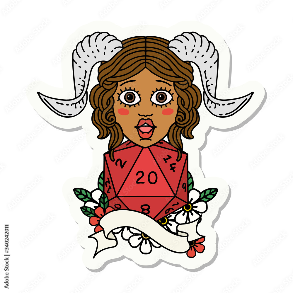 tiefling with natural twenty dice roll sticker