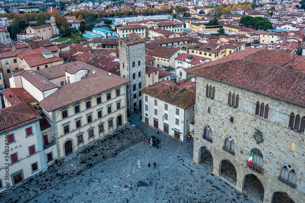Aerial view of Piazza del duomo, the main square of Pistoia historic center, Tuscany, Italy