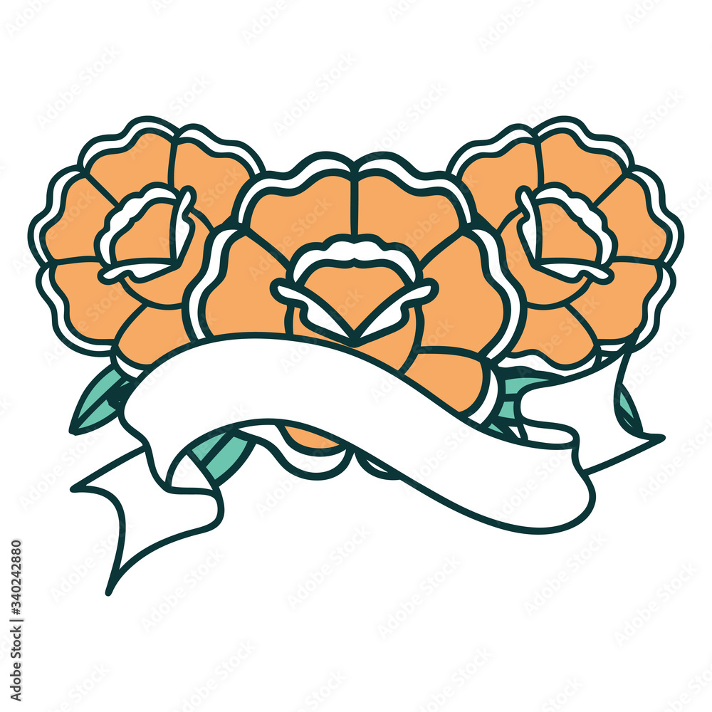 tattoo with banner of a bouquet of flowers tattoo with banner of a bouquet of flowers