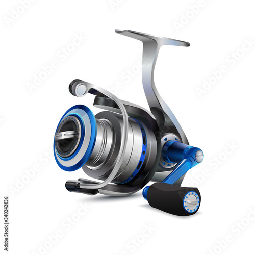 Fishing reel isolated on white. Realistic vector spinning reel for fishing. Side view. Angling reel on white background