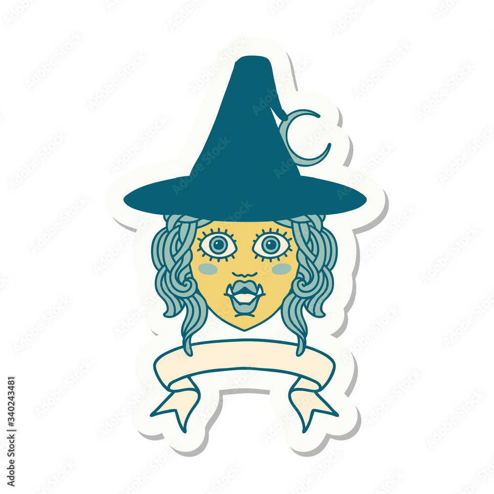 half orc witch character face with banner sticker