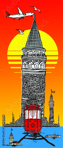 Istanbul Galata tower hand drawing print embroidery graphic design vector art