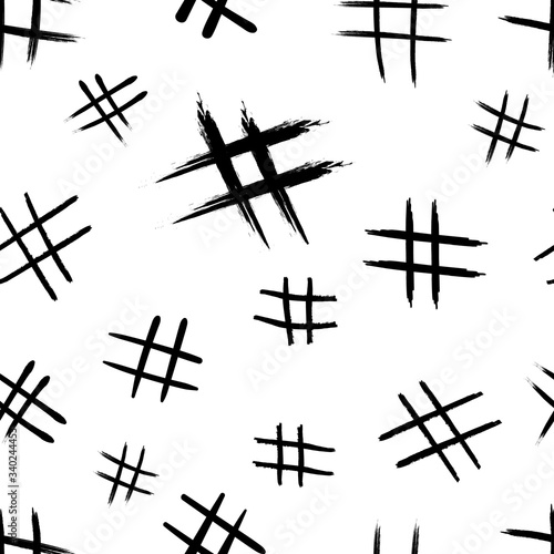 Vector seamless pattern, black sketched hashtags on white background, background template, hash tag signs.