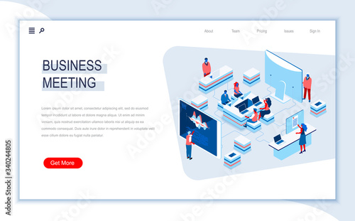 Business meeting isometric landing page. Video conference, creative teamwork collaboration, online conversation. Digital technology and devices. Busy people in work situation 3d vector isometry.