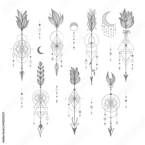 Vector set of Sacred geometric symbols with moon, eye, arrows, dreamcatcher on white background. Grey linear logo and spiritual design. Concept of imagination, magic, creativity, religion, astrology.