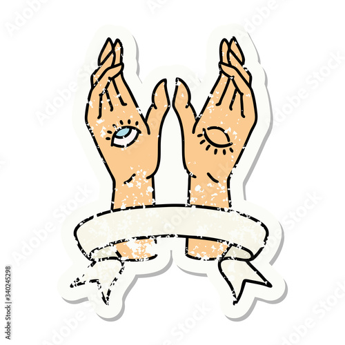 grunge sticker with banner of mystic hands
