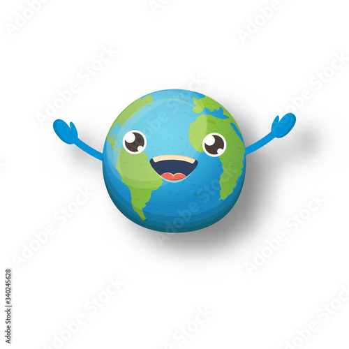 Cartoon cute smiling earth planet character isolated on white background. Eath day concept design party poster template with funny kawaii earth globe