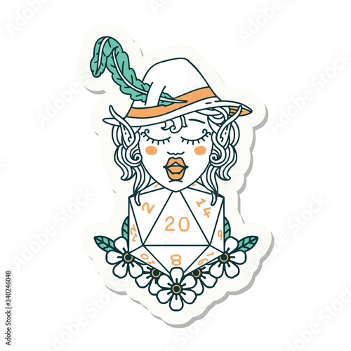 elf bard character with natural twenty dice roll sticker