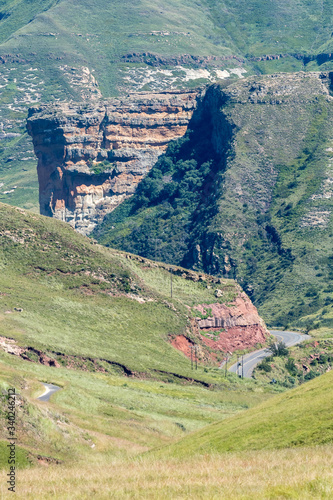 Golden Gate landscape with Rooidraai, road R712 and Brandwag Buttress photo