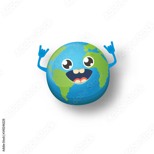 Cartoon cute smiling earth planet character isolated on white background. Eath day concept design party poster template with funny kawaii earth globe