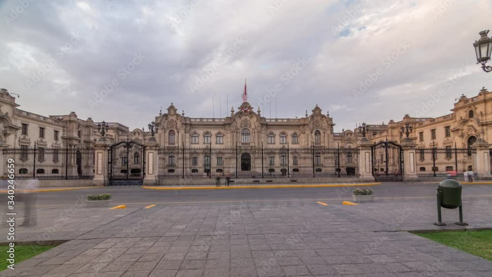 Palacio de Gobierno or The Government Palace also known as House of Pizarro timelapse hyperlapse on plaza mayor. It is the seat of the executive branch of the Peruvian Government and the official Palacio de Gobierno or The Government Palace also known as House of Pizarro timelapse hyperlapse on plaza mayor. It is the seat of the executive branch of the Peruvian Government and the official