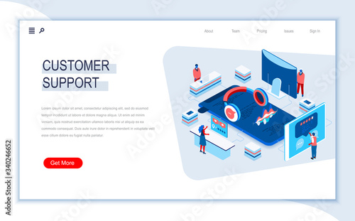 Customer support isometric landing page. Call center service, online assistance and consultation, internet help chat. Digital technology and devices. Busy people in work situation 3d vector isometry.