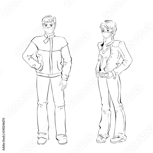 coronavirus 3. full-length young people in street clothes and with a medical mask on their faces in black lines on a white background