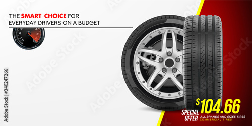 Tyre car sport advertisement poster. 3D illustration of car tire. Wheel. Black rubber tire. Realistic vector shining disk car wheel tyre. Aluminum wheel. Banner. Promo. Information. Store. 