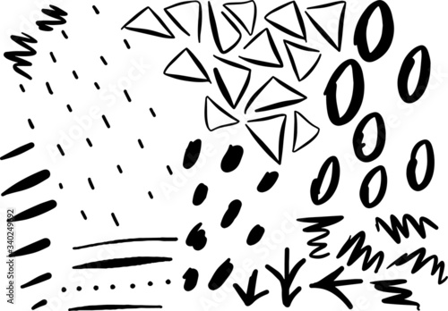 Doodle vector hand-painted pattern. An abstraction of strokes, circles, ovals, lines, triangles, and dots. Black and white, you can set any background.