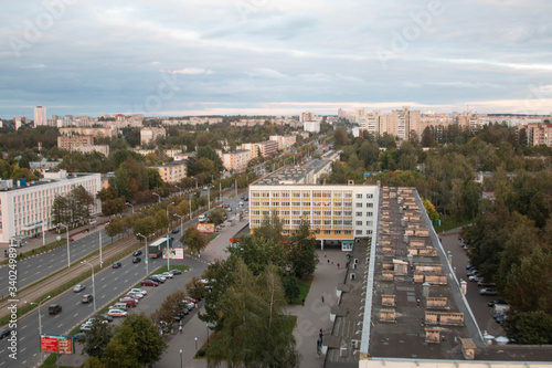 view from the roof to the evening streets of the city