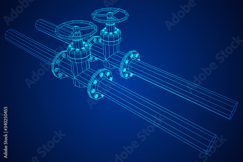 Oil pipeline with valve business concept. Finance economy polygonal petrol production. Petroleum fuel industry transportation line. Wireframe low poly mesh vector illustration.