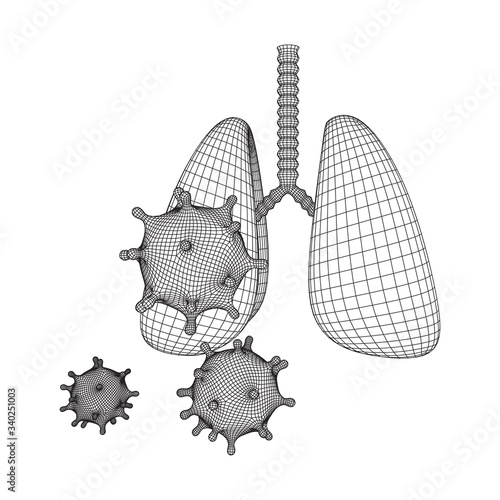 Corona Virus and Lungs with trachea bronchi internal organ human. Covid virus pulmonology medicine science concept. Wireframe low poly mesh vector illustration.