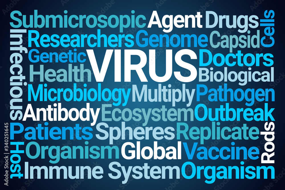 Virus Word Cloud on Blue Background Virus Word Cloud on Blue Background