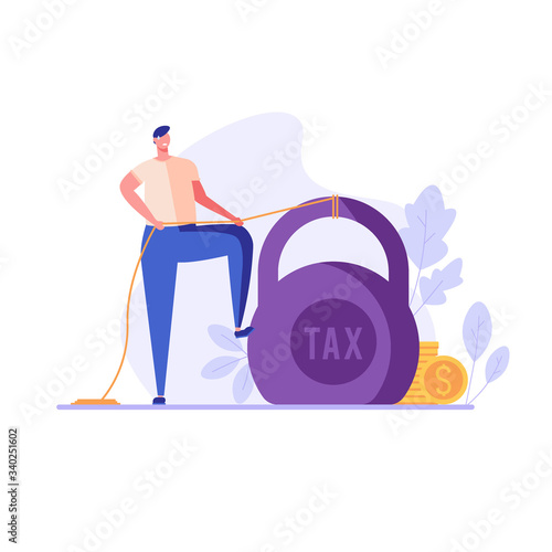 Sad businessman pulls heavy taxes with weight. Huge weight of tax. Concept of heavy tax, debt, duty, defaulter. Vector illustration in flat design for UI, web banner, mobile app