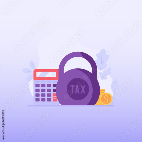 Accounting. Heavy taxes with weight. Huge weight of tax. Concept of heavy tax, debt, duty, defaulter. Vector illustration in flat design for UI, web banner, mobile app