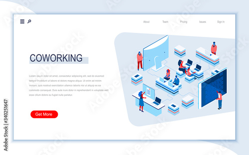 Coworking space isometric landing page. Freelancers working with laptops, business team cooperating in coworking area. Digital technology and devices. Busy people in work situation 3d vector isometry.
