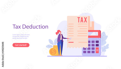 Successful businesswoman cuts heavy taxes with scissors. Tax deduction. Concept of tax return, optimization, duty, financial accounting. Vector illustration in flat design for UI, banner, mobile app