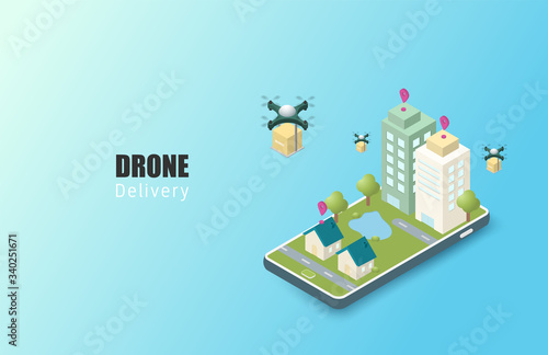 Online delivery service concept. isometric. Mobile order tracking. Delivery drones to destination. Online city logistics. Delivery on smartphone. Vector illustration