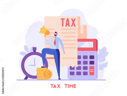 Successful businessman pays taxes on time. Tax time. Concept of tax return, optimization, duty, financial accounting. Vector illustration in flat design for UI, banner, mobile app