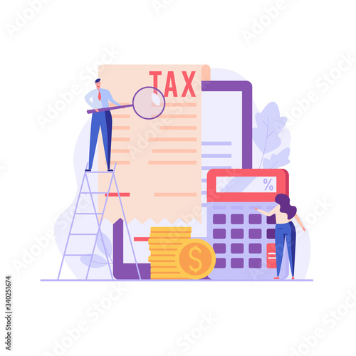 Successful people pay and count taxes. Tax time. Concept of tax management, optimization, duty, financial accounting. Vector illustration in flat design for UI, banner, mobile app