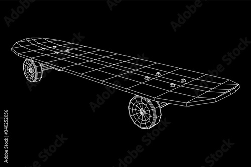 Skateboard longboard pennyboard. Eco alternative city transport. Wireframe low poly mesh vector illustration.