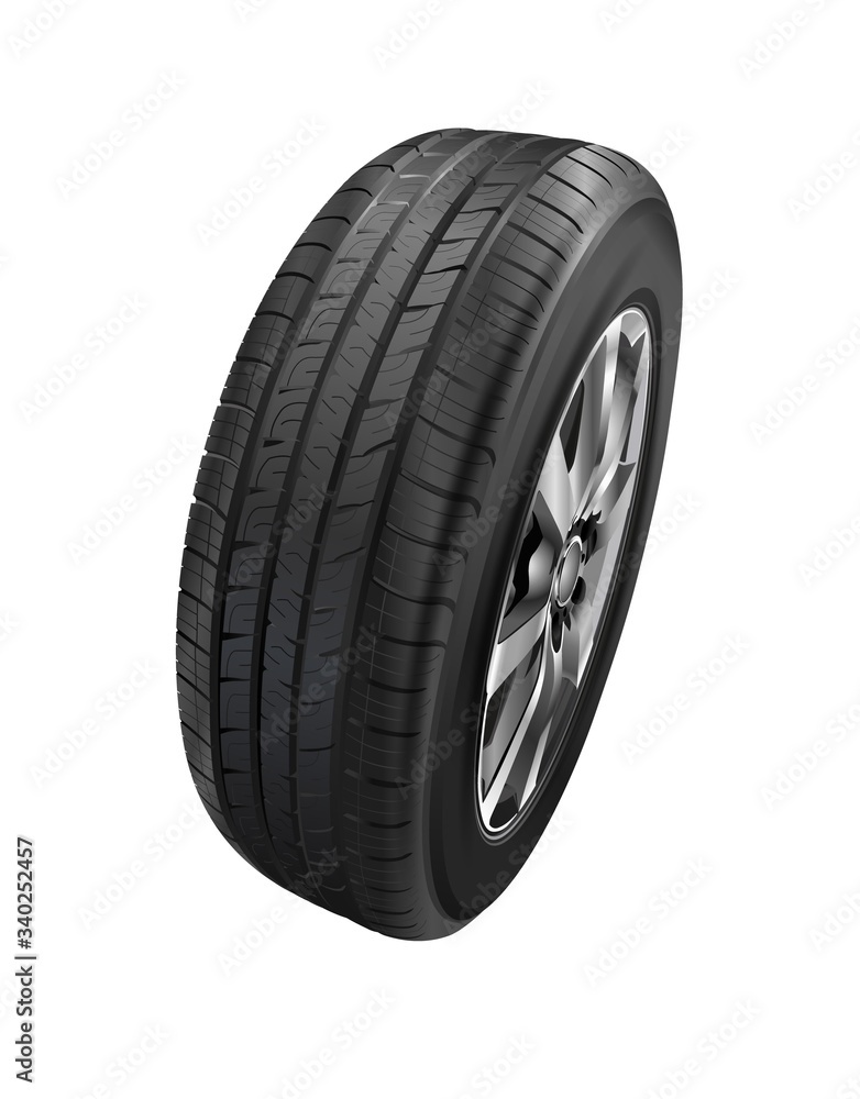 Tire car icons. 3D illustration of car tire isolated on white background. Car wheel. Black rubber tire. Realistic vector shining disk car wheel tyre. Aluminum wheels.