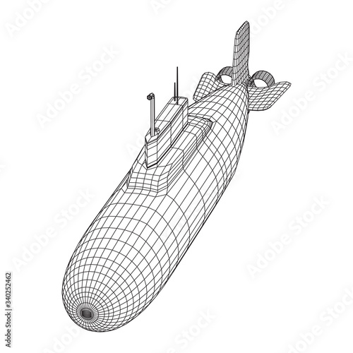 Military atomic submarine underwater boat. Wireframe low poly mesh vector illustration