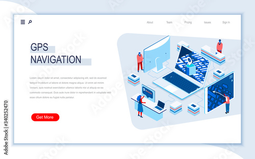 GPS navigation isometric landing page. Geolocation and navigation system, global orientation, route and direction. Digital technology and devices. Busy people in work situation 3d vector isometry.