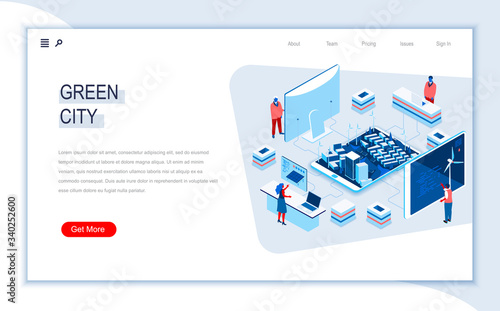 Green city isometric landing page. Ecology conservation, environment and sustainable, renewable resources end green energy. Digital technology and devices. People in work situation 3d vector isometry.
