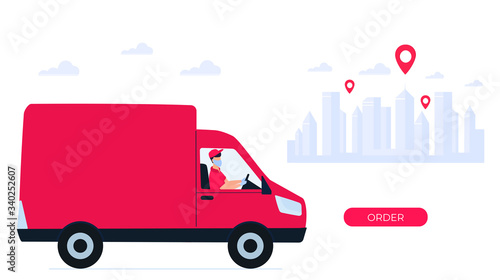 Safe delivery during coronavirus COVID-19. Delivery man on a car brought the parcel. Online food ordering. Stay home concept.