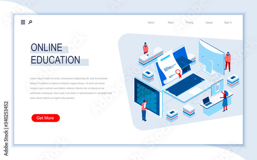Online education isometric landing page. Distance learning, online webinar, professional seminars and courses. Digital technology and devices. Busy people in work situation 3d vector isometry.