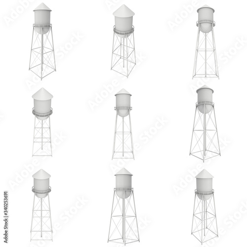 Water tower set. Industrial construction with water tank. 3d render isolated on white