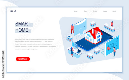 Smart home isometric landing page. Online home control, monitoring and management, house system automatization. Digital technology and devices. Busy people in work situation 3d vector isometry.