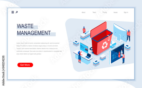 Waste management isometric landing page. Control and management of garbage utilization process, waste collection and sorting. Digital technology and devices. People in work situation vector isometry.