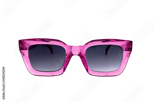 Pink wayfarer horn rimmed sunglasses for women isolated on white background, front view