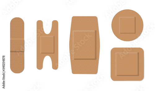 Adhesive plaster pad bandage - various shapes set isolated on white background, vector illustration. First aid band for wound care