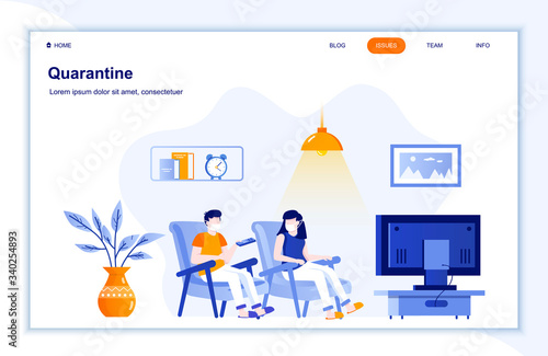 Self-quarantine flat landing page. Coronavirus protection public health practice. Couple in medical masks relax at home. Covid-19 pandemic risk vector illustration. Coronavirus prevention and safety.
